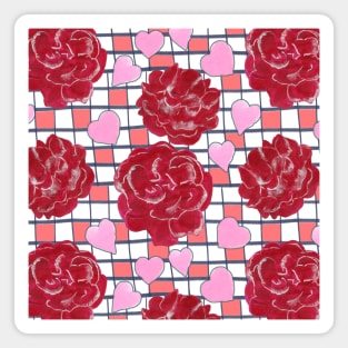 Red Roses, Hearts on Plaid Pattern Magnet